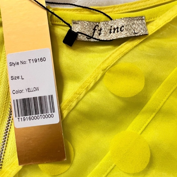 # A088  FT INC  Vintage Yellow Polka Dot Mesh Overlay Top  V-Neck NWT L - Picture 7 of 9